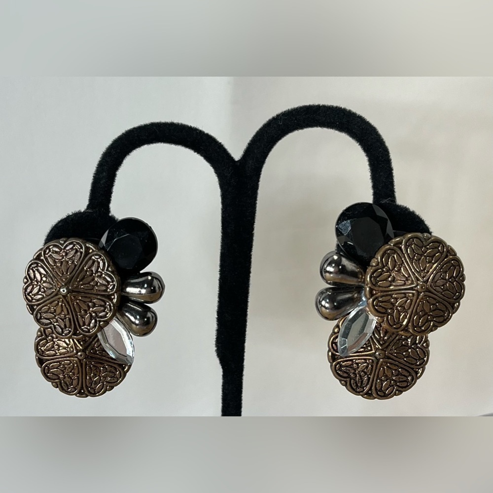 80s’ Vintage Womens Oversized Antique Gold & Black Clip On Earrings Rocker Punk